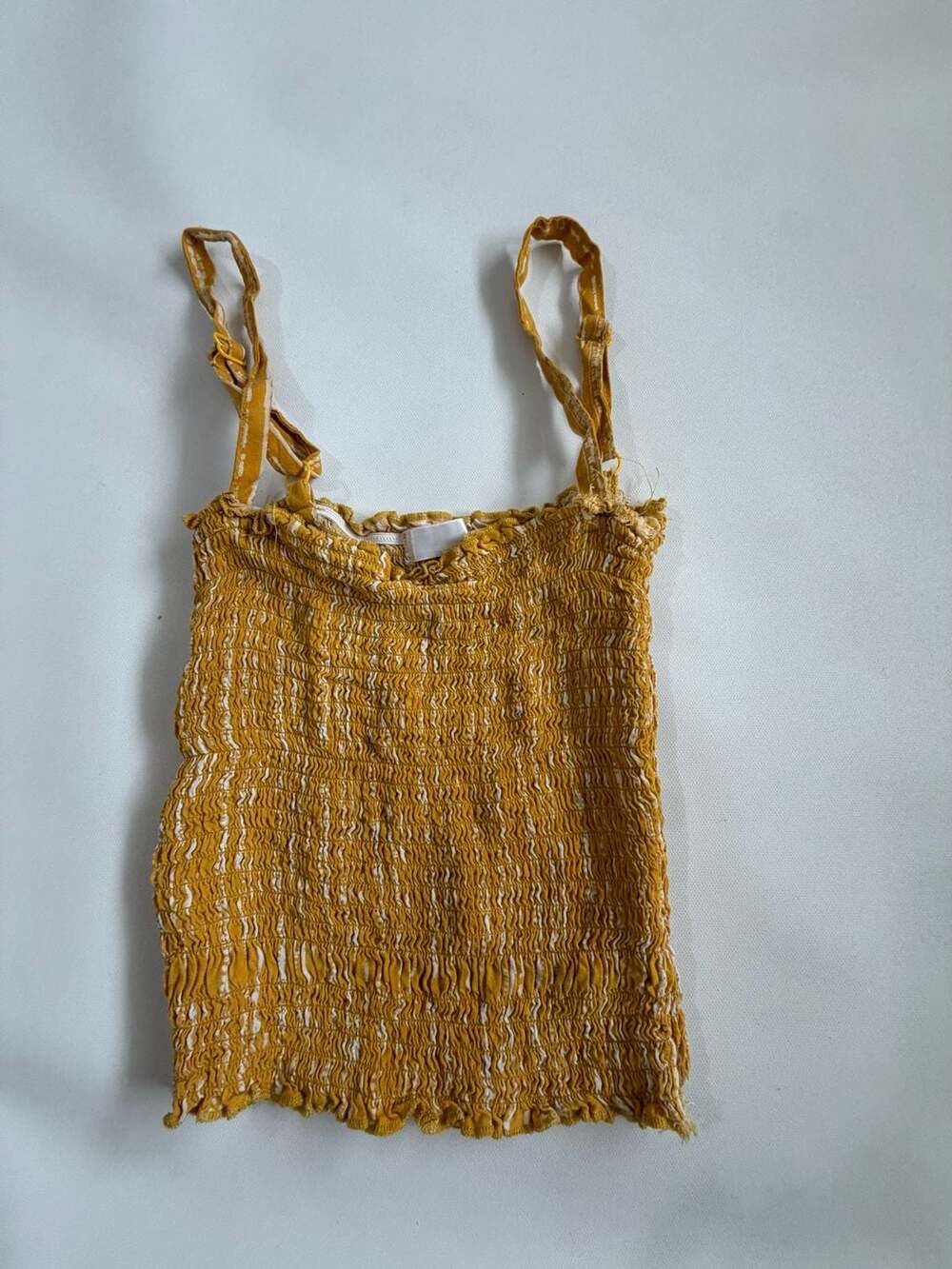 Girls Smocked Cami Tank Top Mustard Yellow White Crop Tie Shoulder Boho